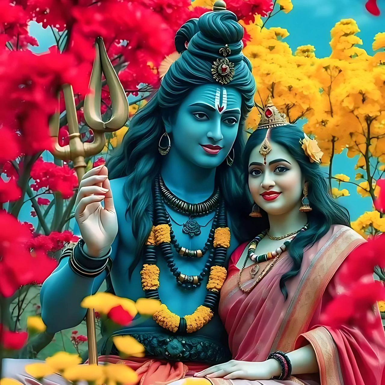 4K photo of Lord Shiva and Goddess Parvati sitting together in a vibrant flower garden, ideal for Mahadev Parvati DP and spiritual profile pictures