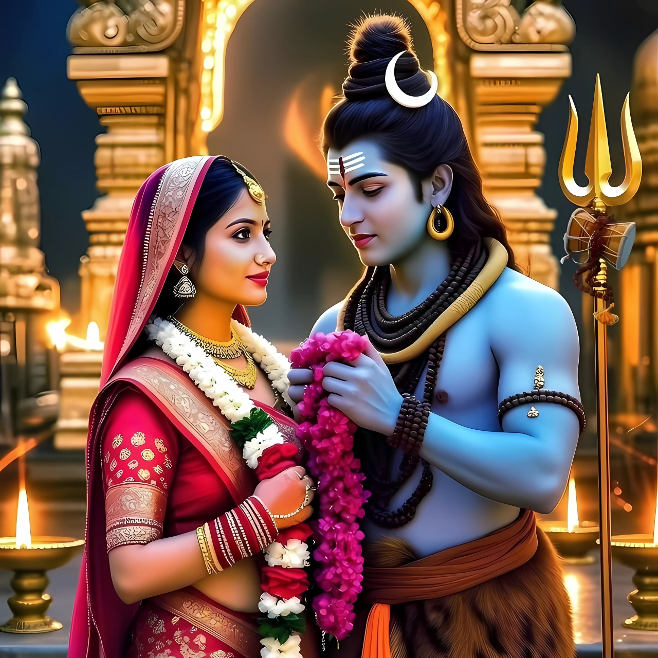 4K image of Lord Shiva and Goddess Parvati in a traditional Hindu wedding scene, Mahadev placing garland on Parvati, set in a divine temple background.