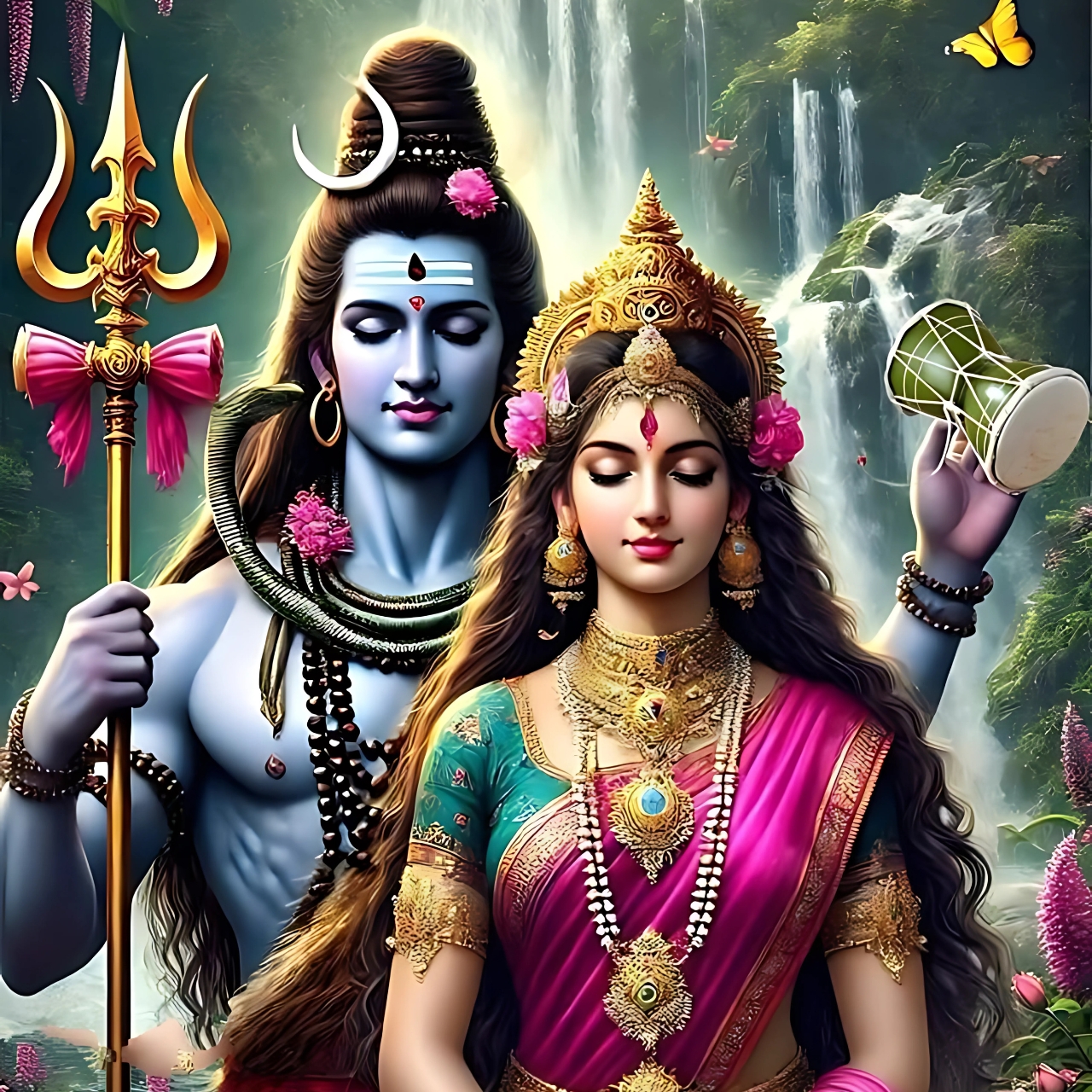 4K HD image of Lord Shiva and Goddess Parvati meditating in serene nature with waterfall, trident, damru, and spiritual aura – perfect for Mahadev Parvati devotees.