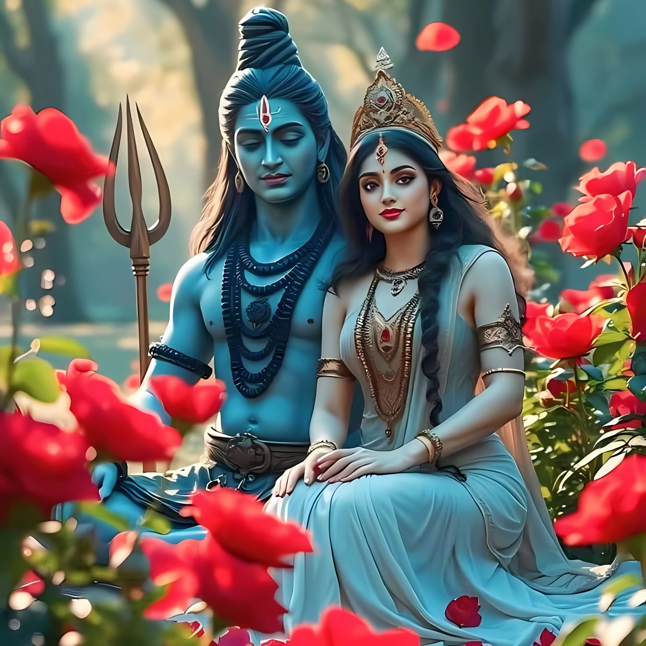 4K image of Lord Shiva and Goddess Parvati sitting among blooming red roses, perfect for Mahadev Parvati WhatsApp DP or spiritual profile pictures.