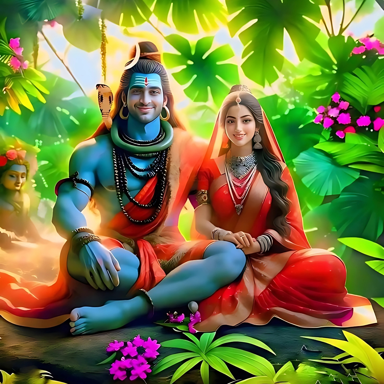 Mahadev (Lord Shiva) and Goddess Parvati sitting together in a lush green forest, smiling peacefully, vibrant HD 4K image, dpz