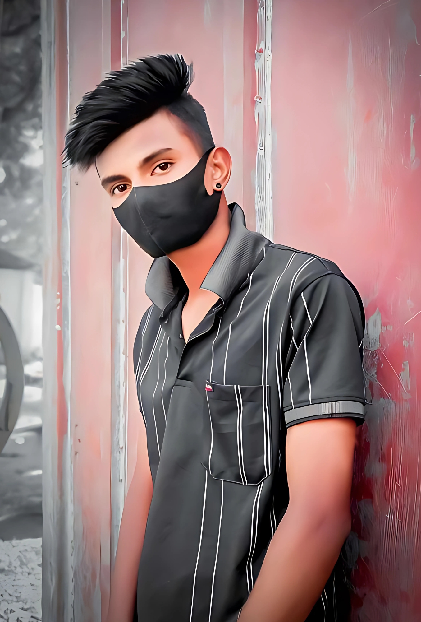 Indian boy wearing black mask and striped black shirt – stylish mask wali photo for profile picture