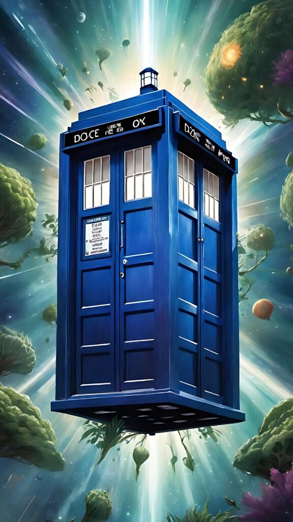 Minimalist digital art of Doctor Who’s TARDIS flying through space with vibrant cosmic trees and light rays.
