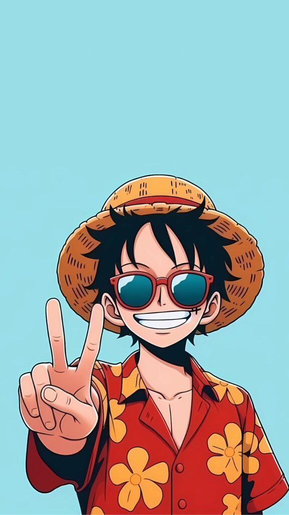 Monkey D. Luffy in sunglasses and straw hat anime wallpaper in 4K for phone with summer beach vibes