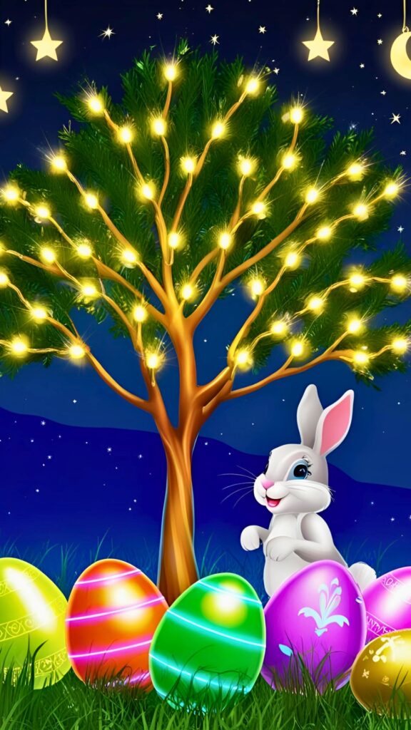 A magical Easter night scene featuring a glowing tree wrapped in golden fairy lights, a cheerful bunny, and vibrant neon Easter eggs under a starry sky with hanging moon and star decorations.