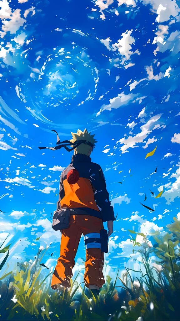 Naruto Uzumaki in orange outfit staring at a swirling blue sky with clouds and grass field – anime 4K phone wallpaper