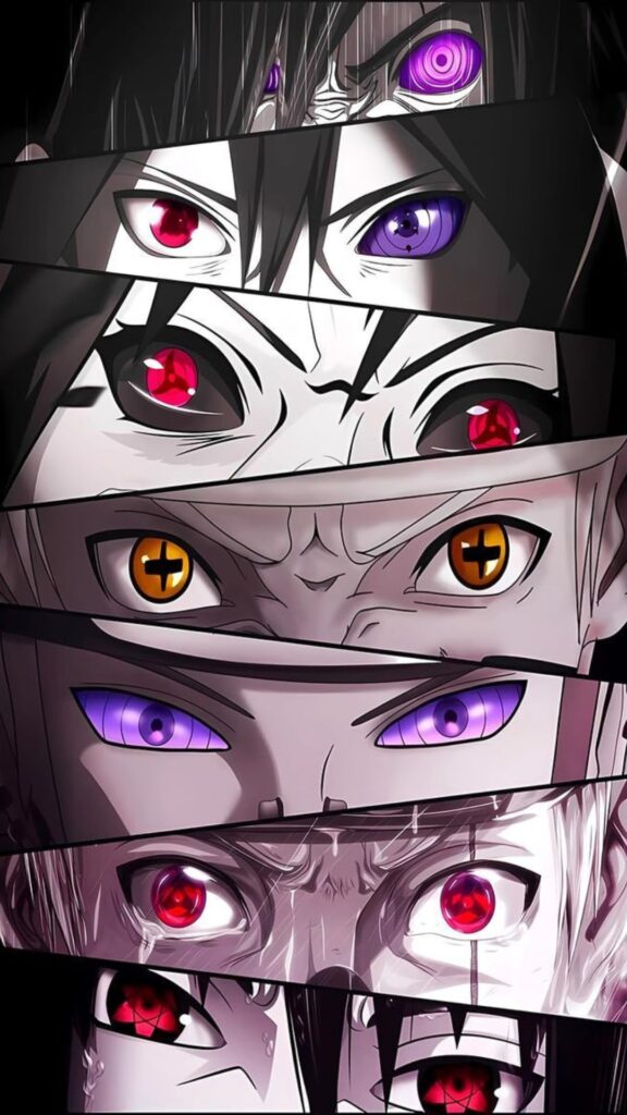 Intense Uchiha clan eye collage featuring Sharingan, Rinnegan, and Rikudou powers in 4K anime wallpaper for phone