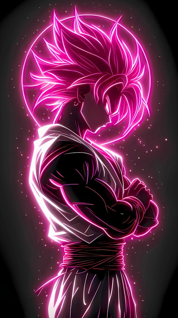 Goku in neon pink outline with folded arms, glowing aura, and black background – 4K HD anime wallpaper