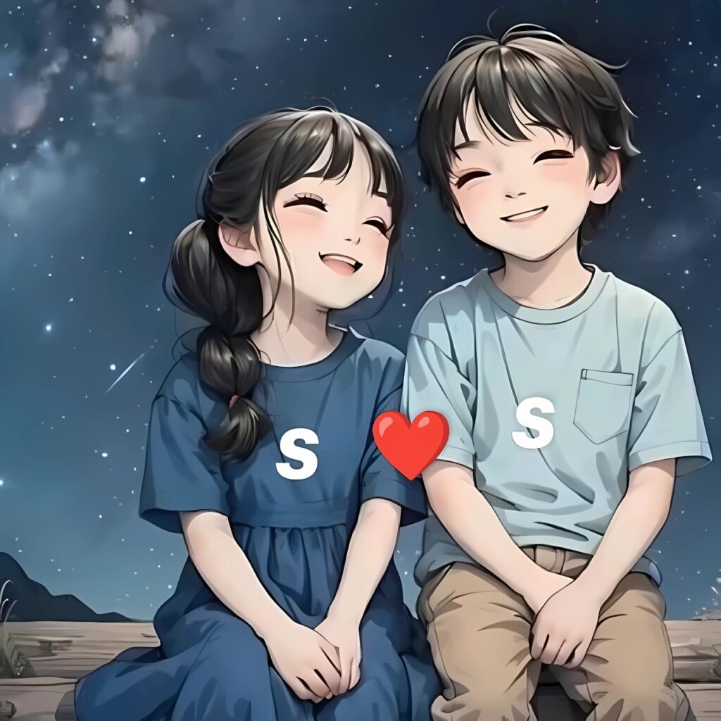 Cute cartoon couple sitting under a starry night sky, smiling with love and wearing matching "S" shirts, symbolizing a sweet and romantic bond – ideal WhatsApp love D