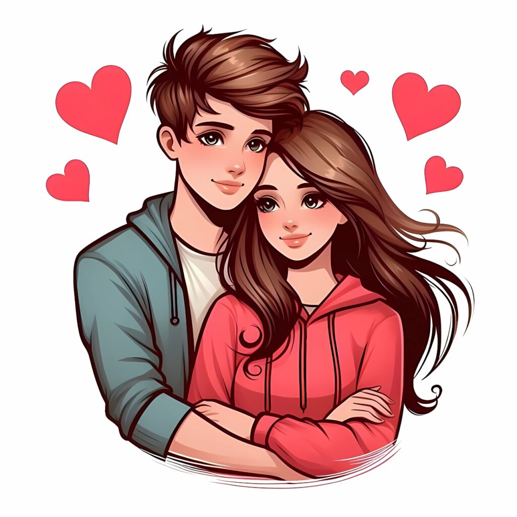 Cute cartoon couple hugging with red hearts in the background – romantic WhatsApp DP for couples