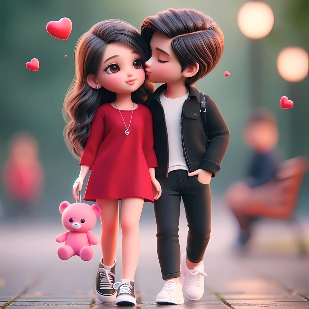 Cute animated couple walking together, boy kissing the girl on the cheek while she holds a pink teddy bear, surrounded by heart symbols – perfect love WhatsApp DP image.