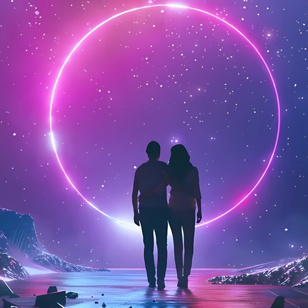 Silhouette of a romantic couple standing together under a starry neon sky with glowing circle, symbolizing eternal love in a dreamy cosmic setting