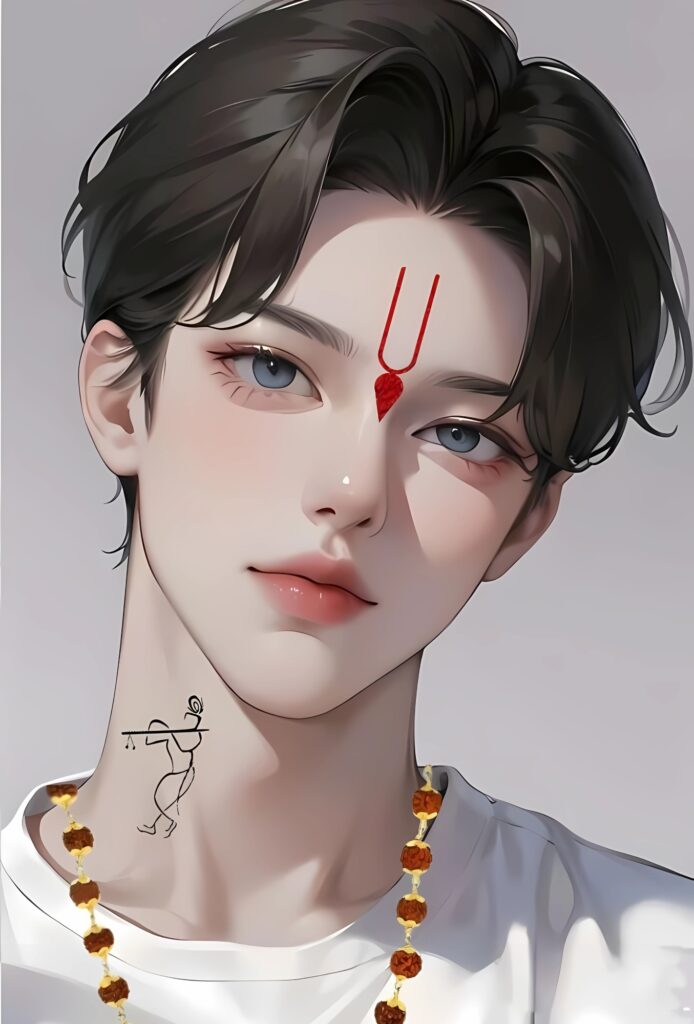 Anime-style boy with Vaishnav tilak, rudraksha mala, and Krishna tattoo on neck, representing Sanatan Dharma.