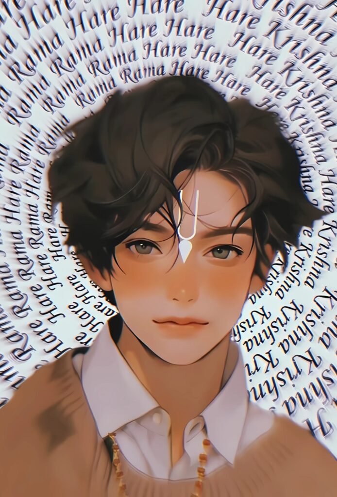 Anime-style portrait of a Sanatani boy with a tilak on forehead, spiritual background of Hare Krishna and Rama chants, wearing a beaded necklace and beige sweater.