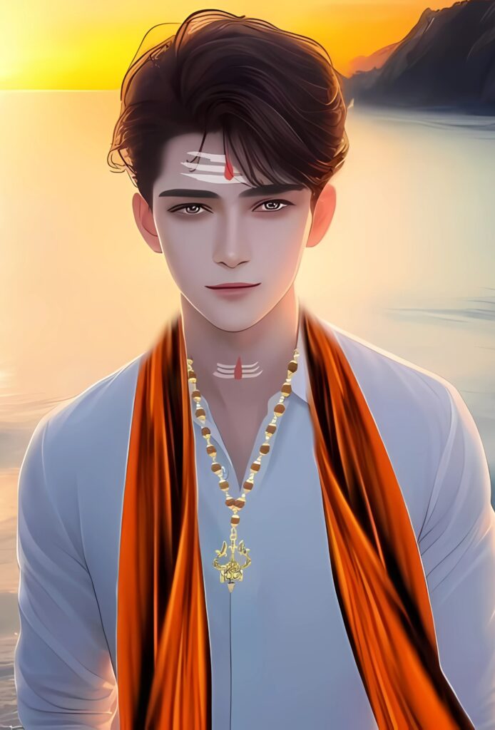 Sanatani boy with Tripundra tilak, sunset ocean background, wearing rudraksha mala and saffron scarf.