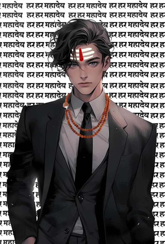 Anime-styled Sanatani boy in a black suit with tripundra tilak and rudraksha mala, standing against a "Har Har Mahadev" chant background.