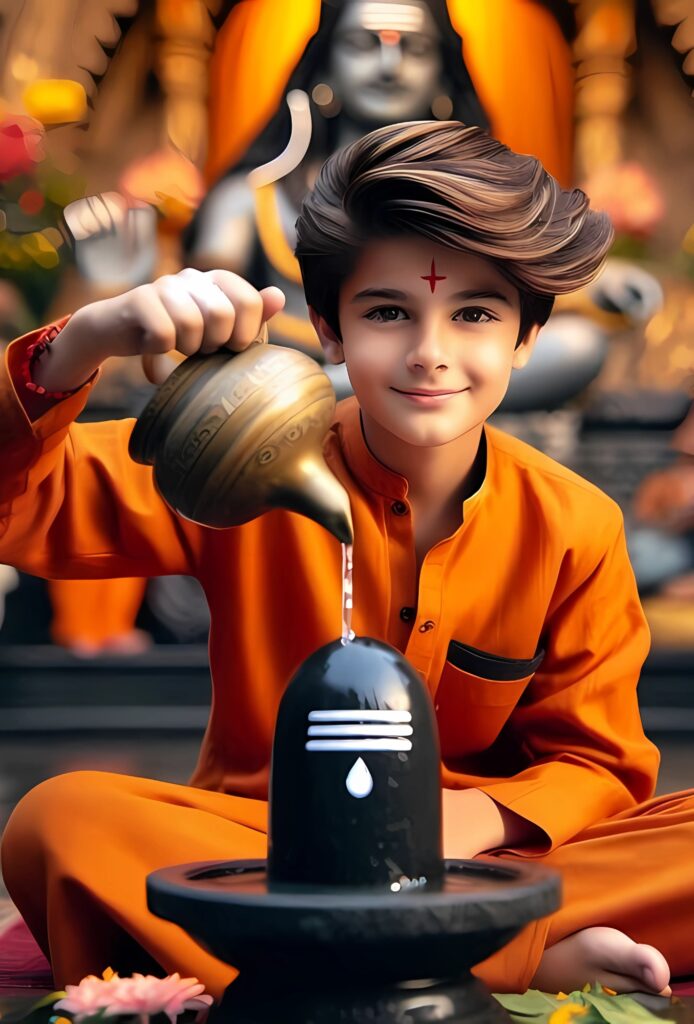 A young boy wearing a saffron kurta offers water to a Shiva Lingam in a temple, symbolizing devotion and Hindu traditions.