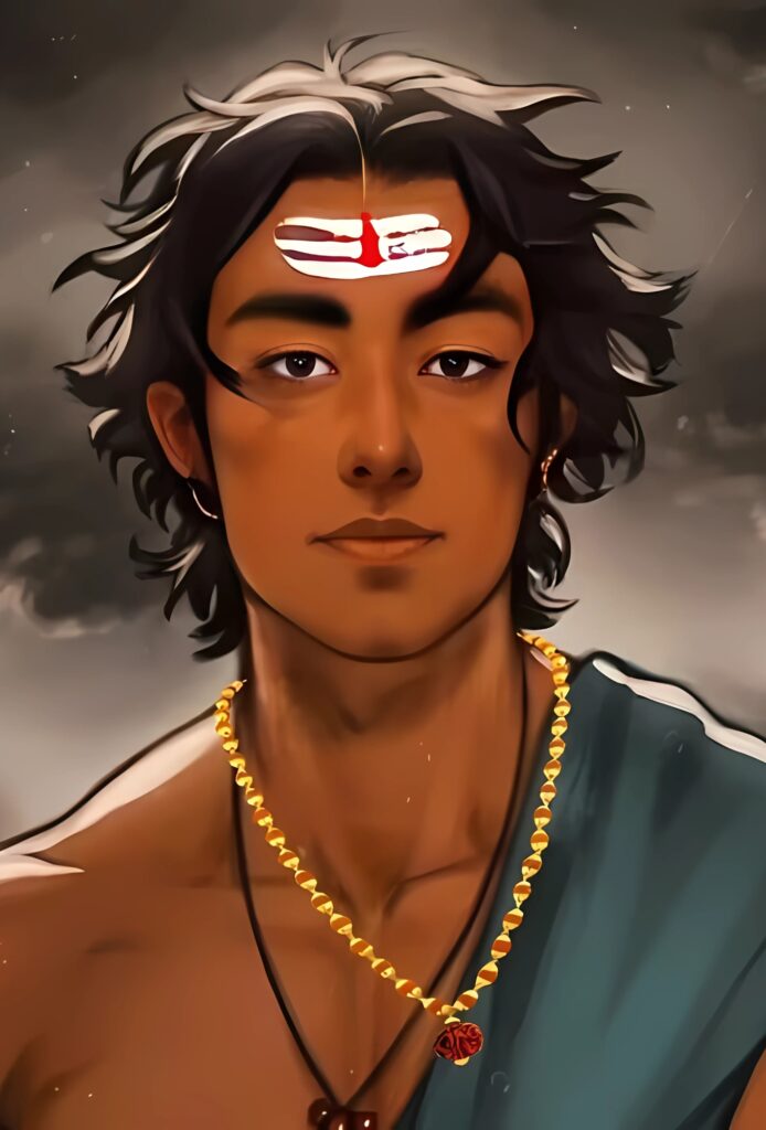 Artistic portrait of a Sanatani boy with a tripundra tilak and traditional jewelry, against a cloudy sky background.