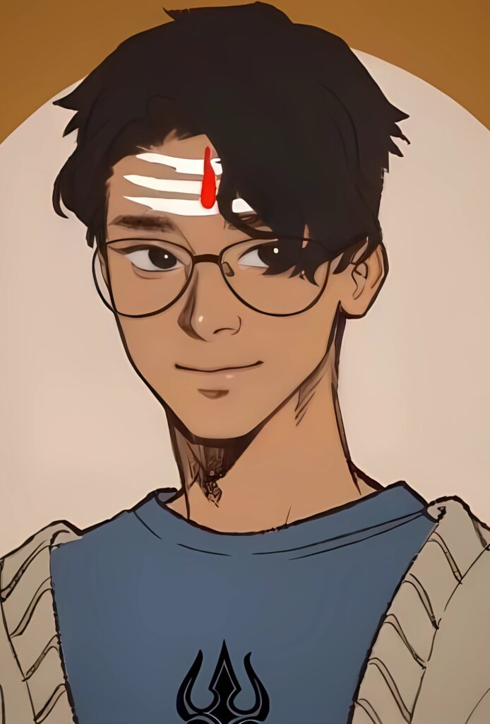 Illustration of a Sanatani boy with glasses, forehead tripundra (Shiva tilak), and trishul design on shirt.