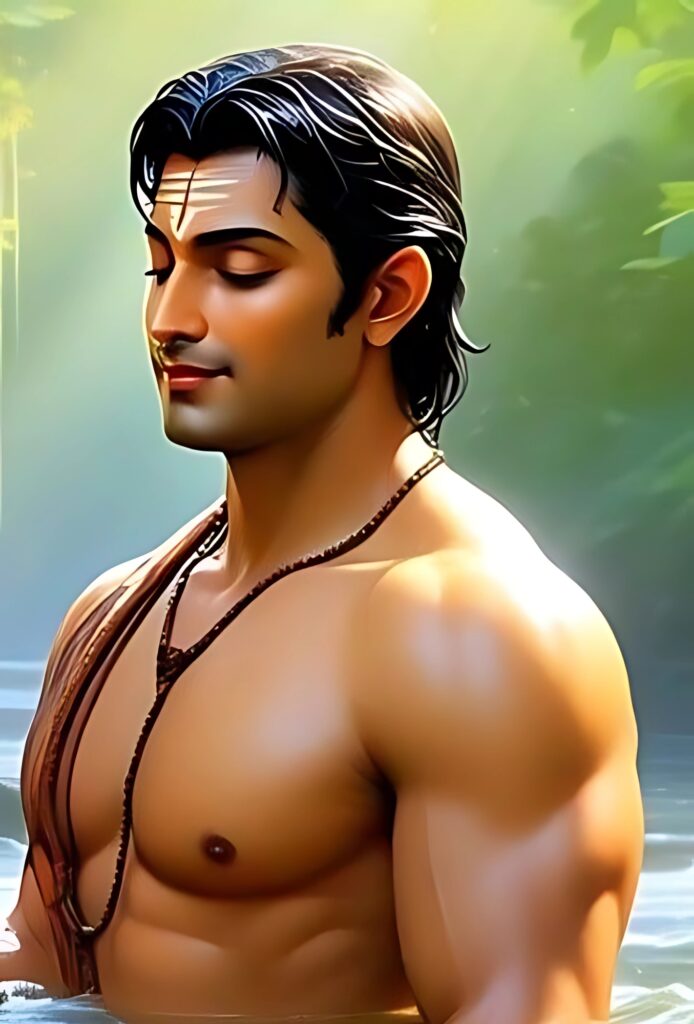 Sanatani boy muscular look with tilak, rudraksha mala, standing in river surrounded by greenery.