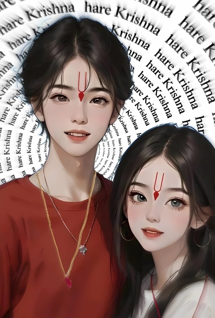 HD anime-style photo of Sanatani boy and girl with Vaishnav tilak, wearing sacred malas, with "Hare Krishna" background.