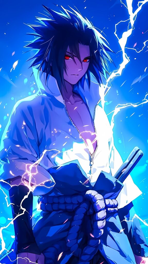 Sasuke Uchiha in lightning mode with red Sharingan eyes and sword – HD anime wallpaper