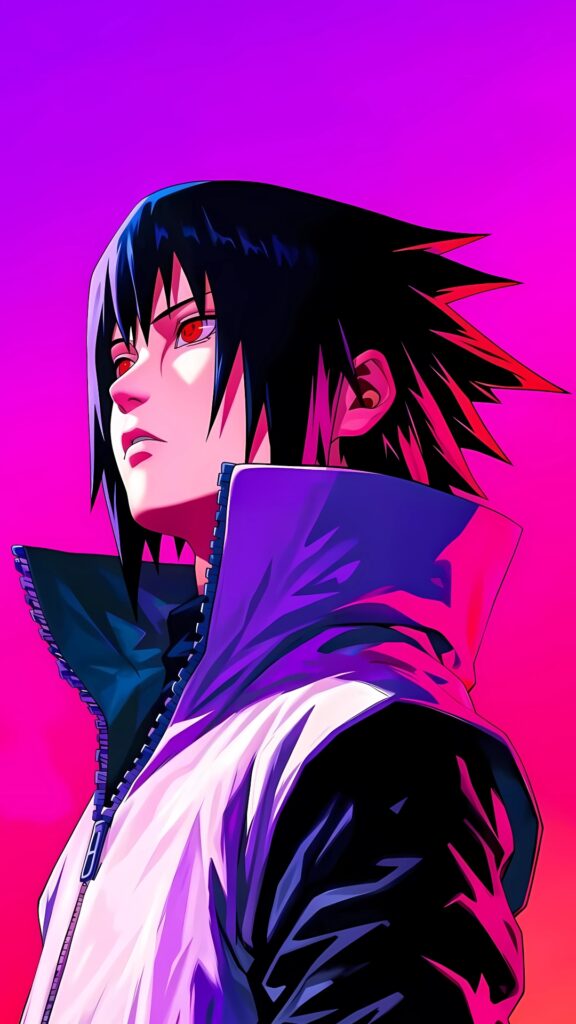 Sasuke Uchiha with red eyes in a high-collar jacket against a neon pink and purple background – HD anime wallpaper