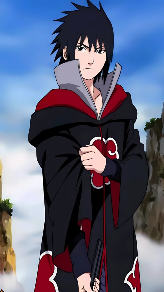 Sasuke Uchiha in Akatsuki cloak with Sharingan gaze – 4K Naruto anime wallpaper
