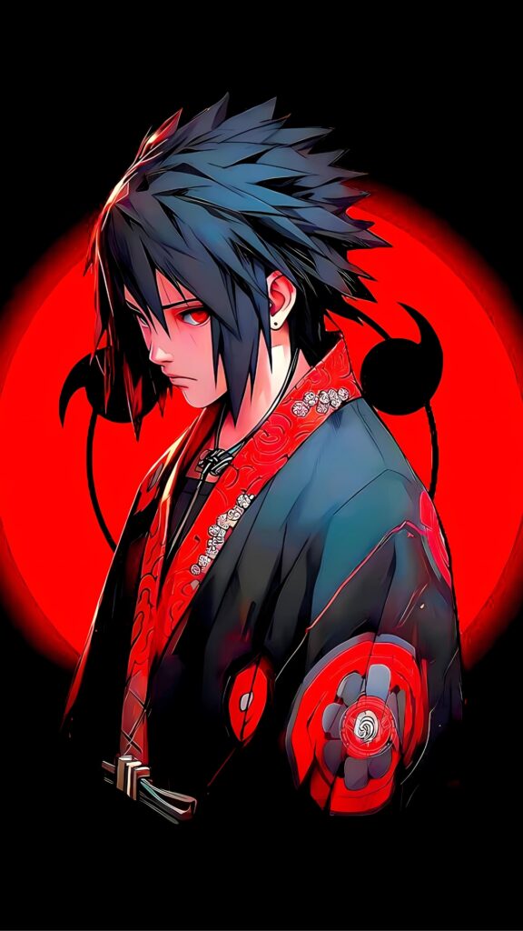 Sasuke Uchiha in traditional robe with red Sharingan eyes and Uchiha symbol – HD wallpaper
