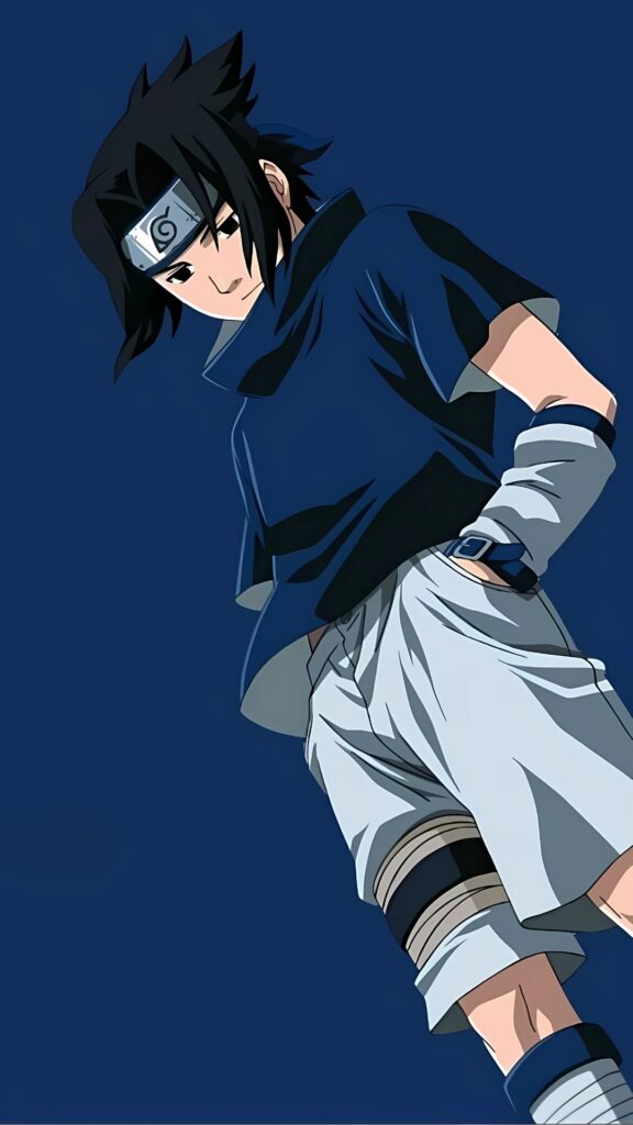Young Sasuke Uchiha in blue shirt and white shorts looking down – minimalist iPhone wallpaper