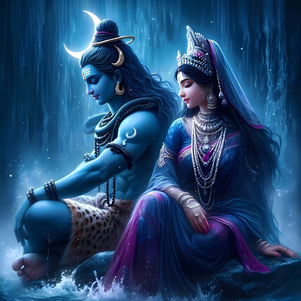 Lord Shiva and Goddess Parvati sitting peacefully by a glowing waterfall, beautiful 4K image filled with divine aura.