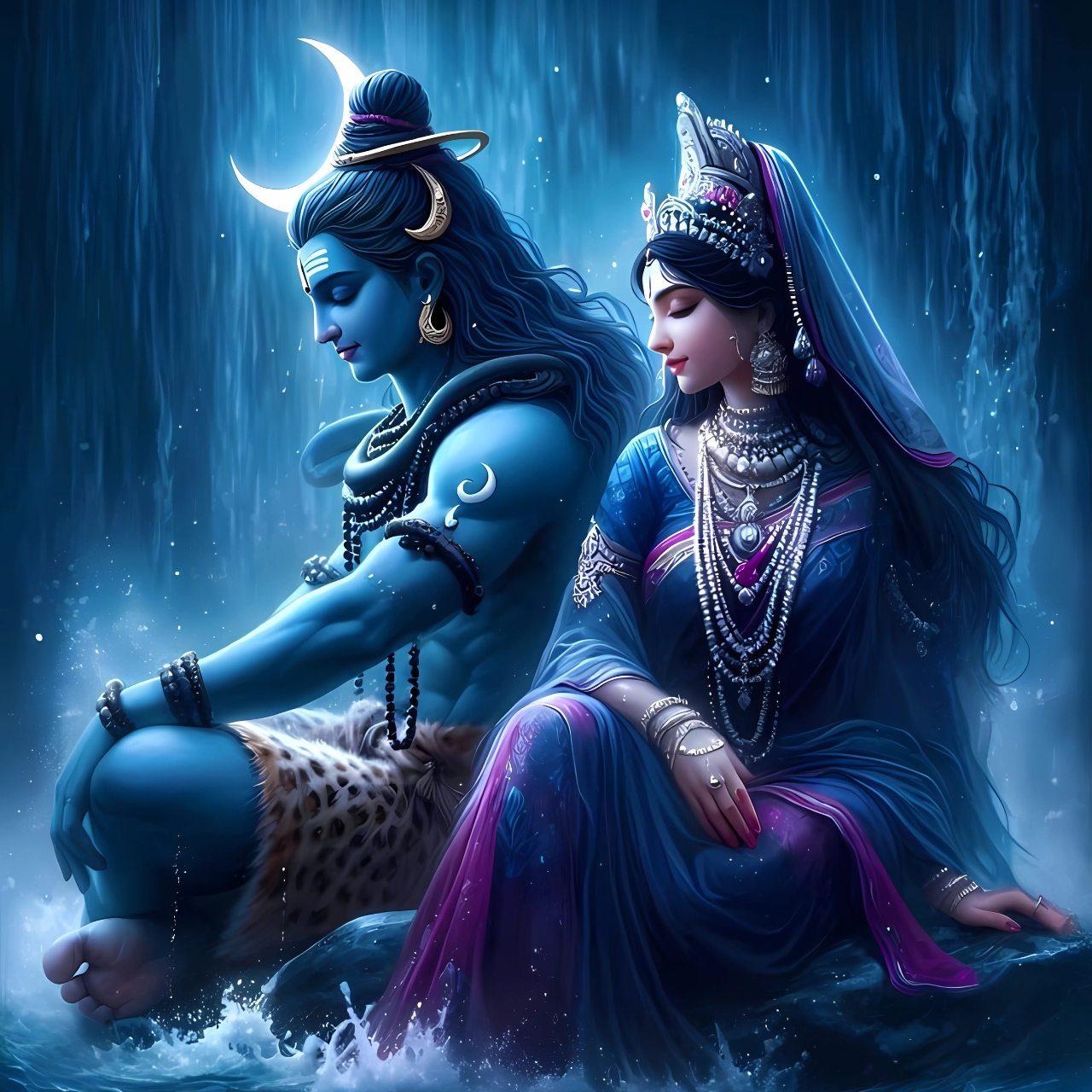 Lord Shiva and Goddess Parvati sitting peacefully by a glowing waterfall, beautiful 4K image filled with divine aura.