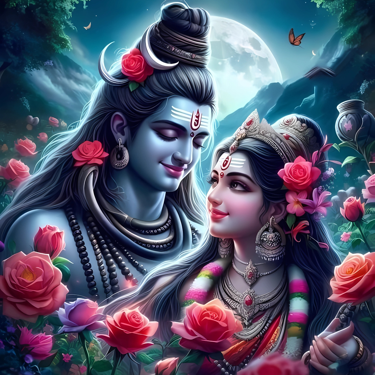 Lord Shiva and Goddess Parvati in a romantic divine moment surrounded by roses under the moonlight – 4K HD WhatsApp DP
