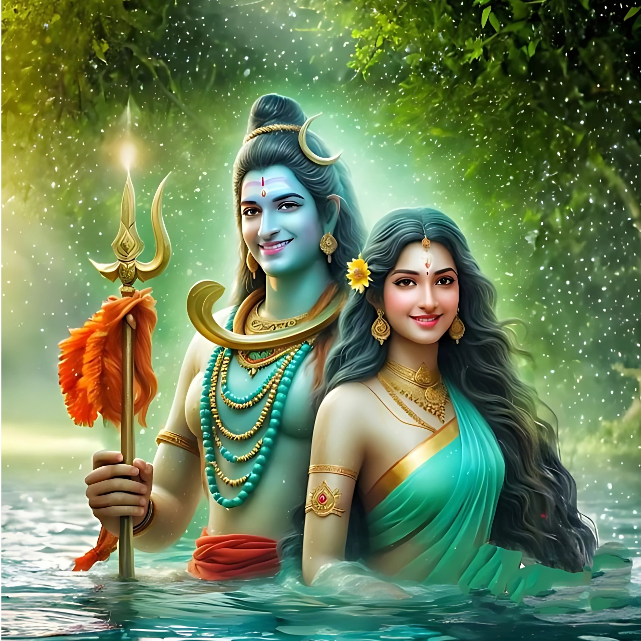 Lord Shiva and Goddess Parvati smiling together in a beautiful forest river scene, 4K HD divine photo