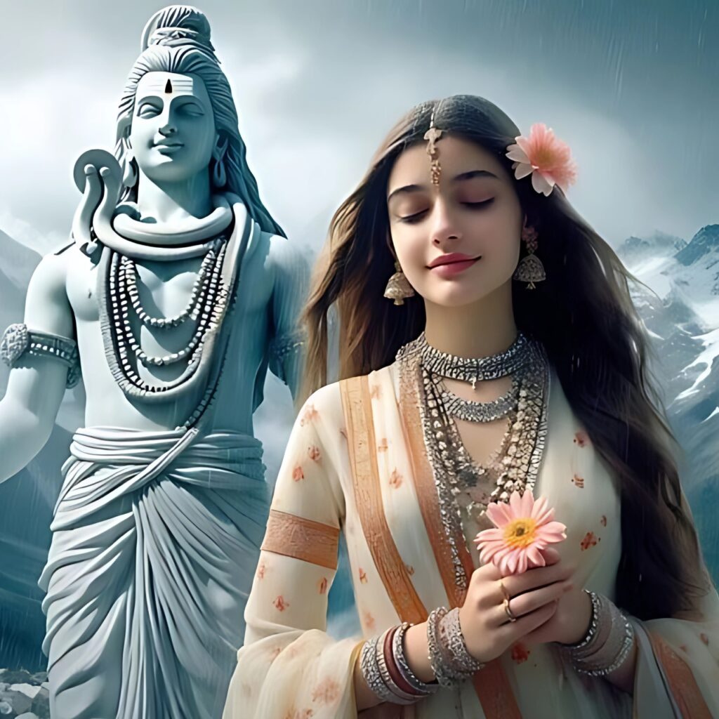 Girl dressed as Parvati standing peacefully in front of Lord Shiva statue in a Himalayan setting – divine and devotional photo for WhatsApp DP