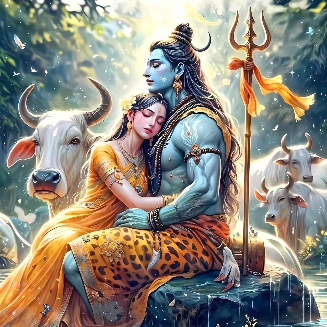 HD image of Lord Shiva and Goddess Parvati embracing lovingly by a serene river, surrounded by cows and nature, perfect for Shiv Parvati Instagram DP.