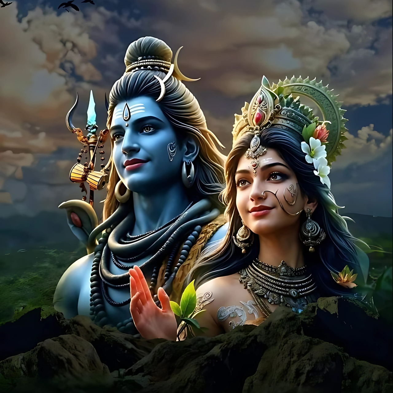 4K HD Shiv Parvati pic DP with divine mountain backdrop and celestial ambiance