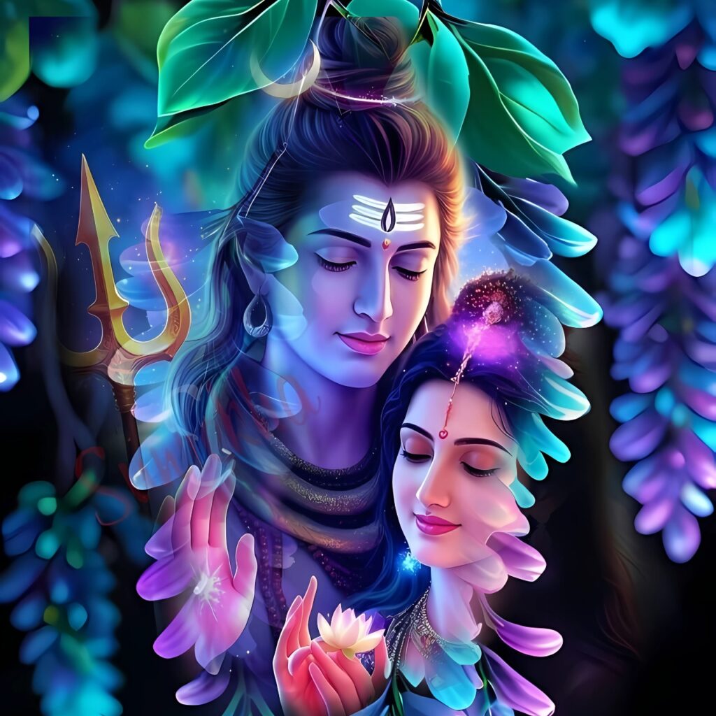 HD artistic Shiv Parvati pic for WhatsApp DP featuring divine couple with floral and cosmic elements