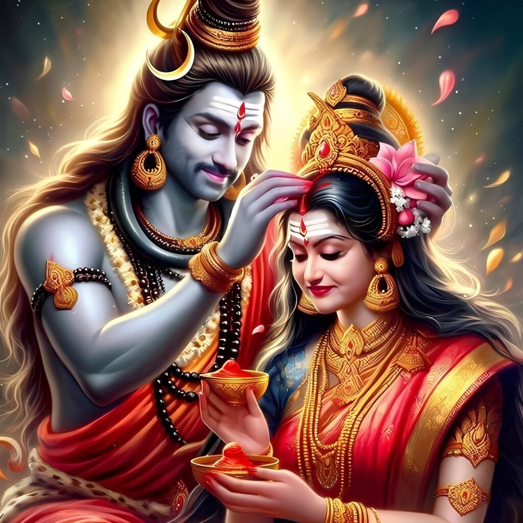 Shiv Parvati blessing pic DP for girl featuring sindoor ceremony in divine traditional attire