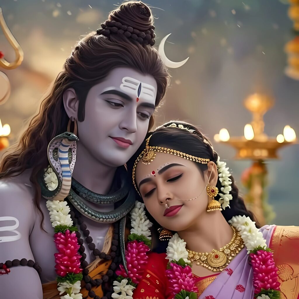 Shiv Parvati divine couple photo for WhatsApp DP with traditional attire and floral garlands