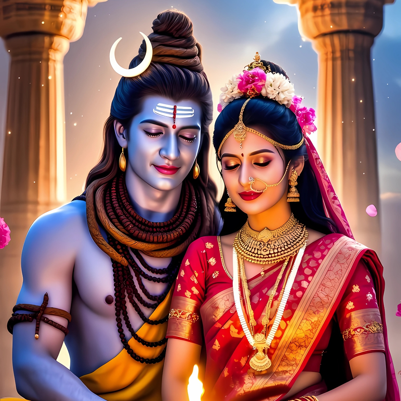 4K HD image of Shiv and Parvati performing wedding fire ritual, ideal for girl’s WhatsApp DP, showcasing divine love and tradition in a temple setting.