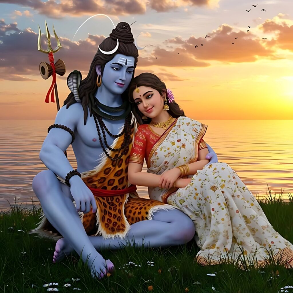 Shiv Parvati pic DP for WhatsApp HD download – Divine couple sitting peacefully by the lake at sunset with spiritual aura