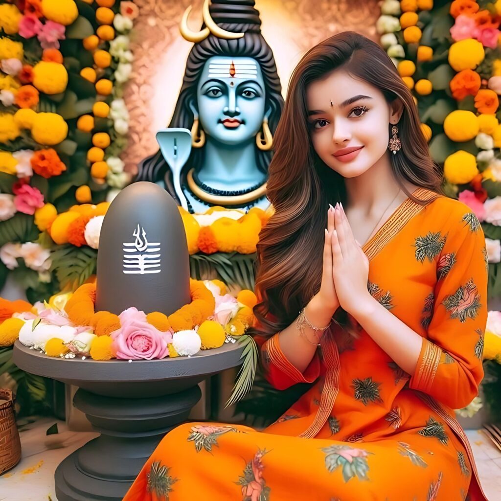 Shiva with girl image – Devotee girl in orange attire praying before Shivling and Lord Shiva idol with floral decorations