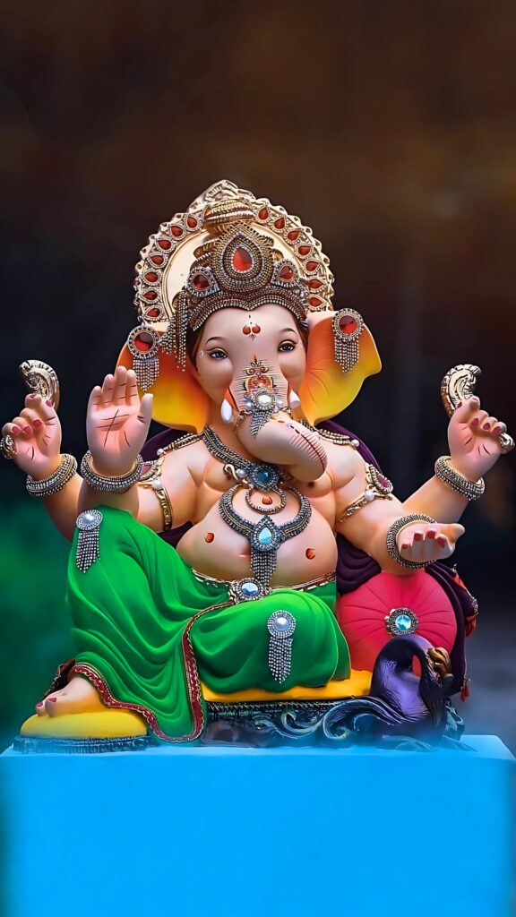 Beautiful idol of Shree Ganesh Deva in vibrant green and red attire, decorated with traditional ornaments, perfect for HD Ganpati Bappa Morya phone wallpaper