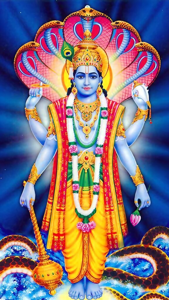 Glorious depiction of Lord Vishnu standing on Sheshnag, holding Sudarshan Chakra, Mace, Conch, and Lotus – Shri Vishnu HD wallpaper