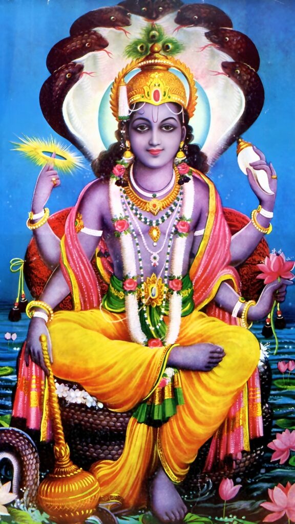 Divine Lord Vishnu seated on Sheshnag, holding Sudarshan Chakra, Shankh, Gada, and Lotus – HD Hindu God wallpaper.