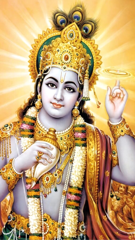 Lord Vishnu in divine form, holding Sudarshan Chakra and Shankh, adorned with a golden crown and peacock feathers – HD devotional wallpaper