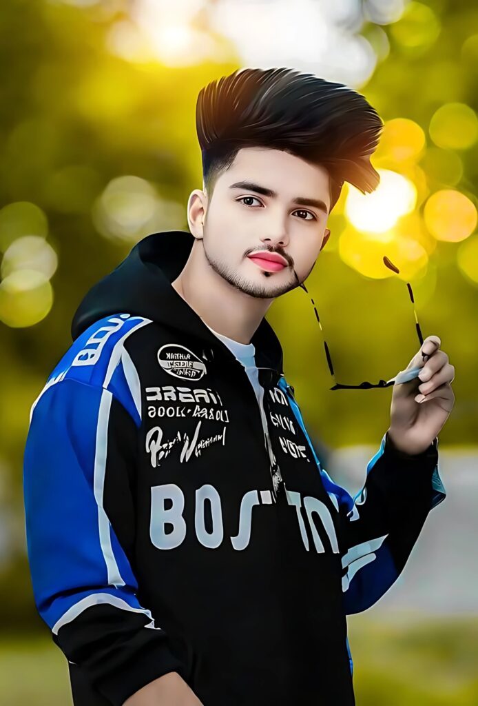 Young single boy with stylish hairstyle holding sunglasses, wearing a trendy black and blue "Boston" hoodie in front of a golden bokeh background