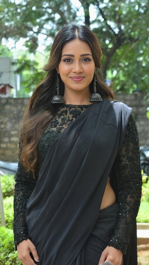 South Indian actress in elegant black saree with sequin blouse and oxidized jhumka earrings – outdoor HD photo