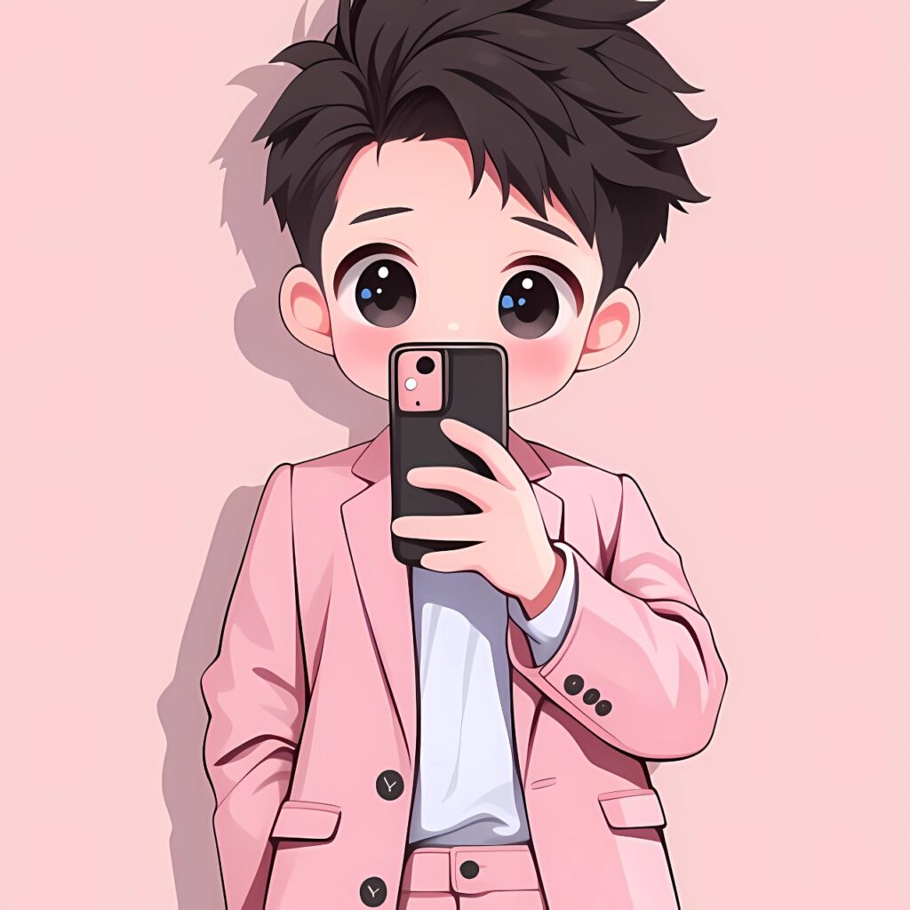 Cute cartoon boy in pink suit taking a selfie with phone – stylish WhatsApp DP image.